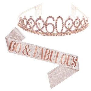 60 Birthday, Birthday queen, Rose Gold Glitter Birthday sash, Birthday Crown, sparkle birthday party decoration, ladies Gifts, Pink Tiara