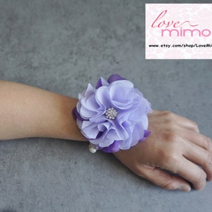 Wrist Corsage, Purple and Lavender Chiffon Corsage, bridesmaid Gifts, Fabric Rose Corsage, Pearl Bracelet, Wedding Decor, Party Accessories image 3