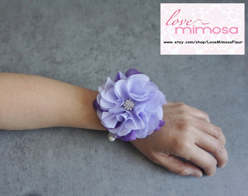 Wrist Corsage, Purple and Lavender Chiffon Corsage, bridesmaid Gifts, Fabric Rose Corsage, Pearl Bracelet, Wedding Decor, Party Accessories image 3