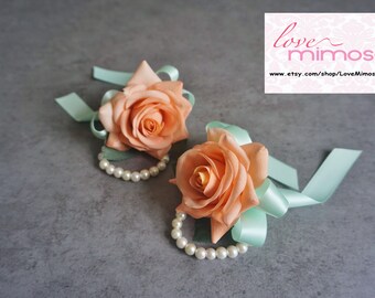 Wrist Corsage, Peach Rose with Mint ribbon, pearl bracelet, Bridesmaid Gifts, silk flower corsage, Wedding Flowers, Flower Girl Corsages
