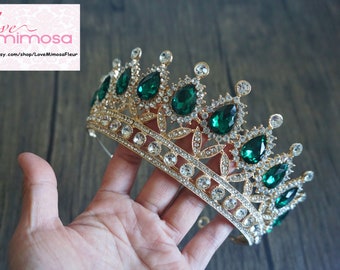 Emerald & Gold Bridal tiara, Baroque Wedding crown, Bridal crown, Gold tiara, Crystal tiara, Crowns and tiaras, Vintage Headpieces, C118G