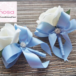 Men's Boutonniere, Ivory Rose with Bluebird Blue ribbon, groomsman Gift, silk flower corsage image 2