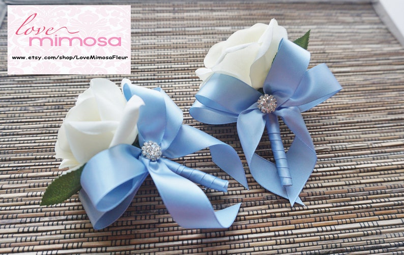 Men's Boutonniere, Ivory Rose with Bluebird Blue ribbon, groomsman Gift, silk flower corsage image 2