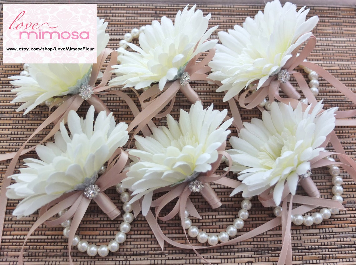 Wrist Corsage Ivory Gerbera Daisy Corsage Champagne Ribbon Etsy