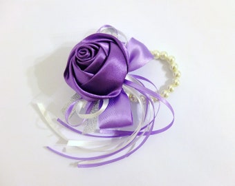 Wrist Corsage, Lilac Satin Rose corsage, bridesmaid gifts, Wedding Flowers, Prom accessories, shabby chi wedding, flower girl corsage