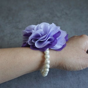 Wrist Corsage, Purple and Lavender Chiffon Corsage, bridesmaid Gifts, Fabric Rose Corsage, Pearl Bracelet, Wedding Decor, Party Accessories image 5