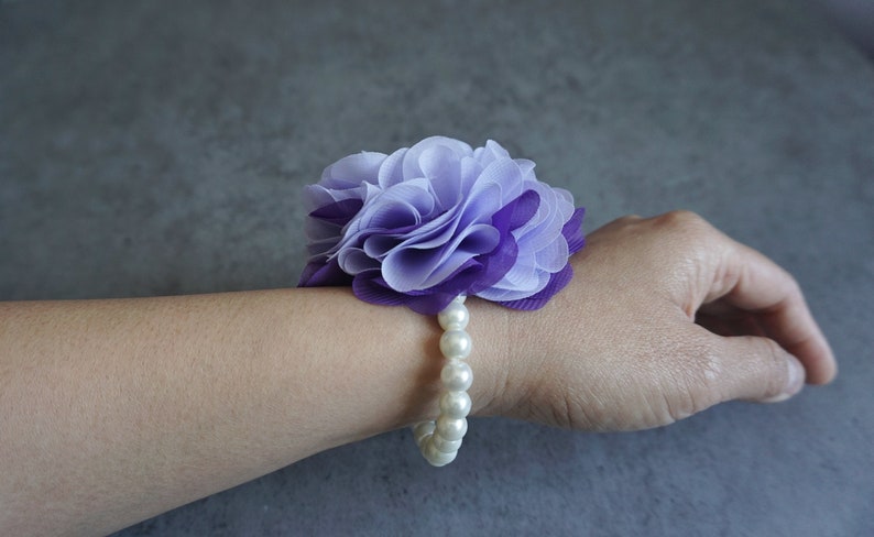 Wrist Corsage, Purple and Lavender Chiffon Corsage, bridesmaid Gifts, Fabric Rose Corsage, Pearl Bracelet, Wedding Decor, Party Accessories image 5