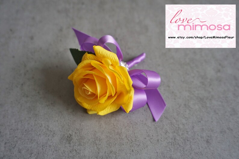 Men's Boutonniere, Yellow Rose with purple ribbon, Pin on Corsage, Wedding Flowers, Silk Flower Corsage, Groomsman Gift, Lapel pin, Boho 