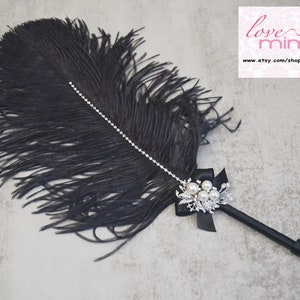 Large Black Feather Pen with Silver color Pearl Brooch / Wedding Signing Pen / Guest Book Pen / Wedding Reception Accessories /