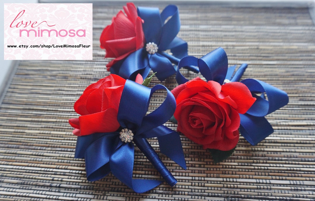 Men's Boutonniere, Red Rose With Navy Ribbon, Groomsman Gifts, Wedding