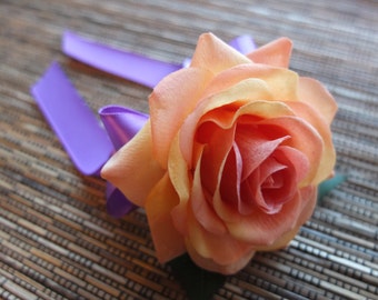 Coral Rose Boutonniere, Orange Rose with Lilac / Purple ribbon and rhinestone accent