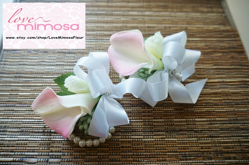 Wrist Corsages Blush Pink Calla Lily Corsage Pearl Bracelet Etsy