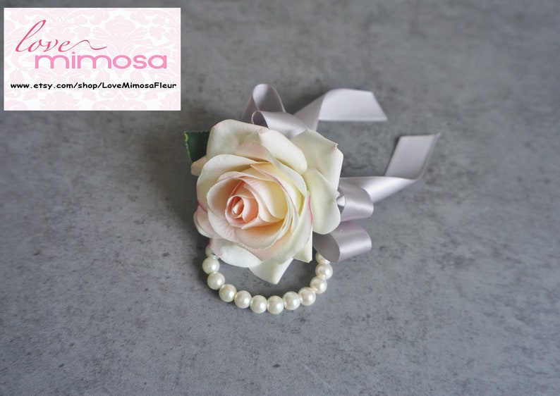 Wrist Corsage, Blush Pink Rose with silver ribbon, Bridesmaid Gifts, Wedding Flowers, Silk Flower Corsages, Prom Accessory, Corsage for mom image 3