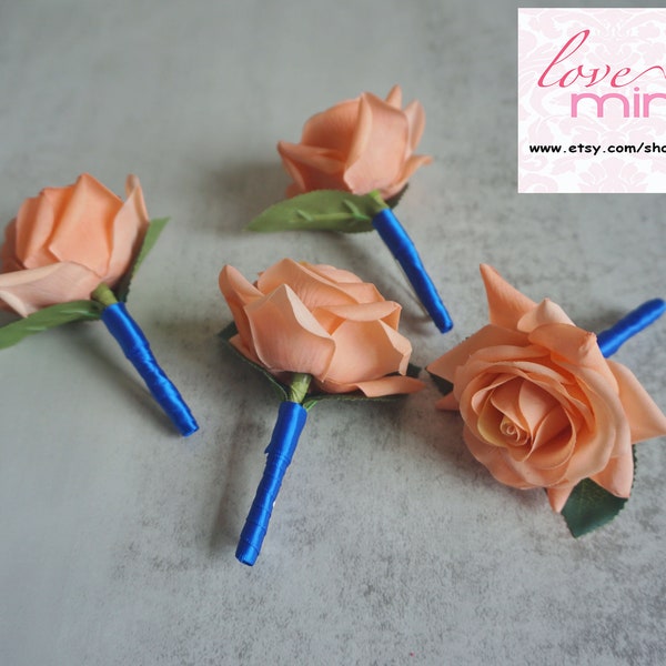 Men's Boutonniere, Peach Rose with Royal blue ribbon, Silk Flower Corsage, Groomsman Gift, Prom Accessories, Boho Wedding, Page Boy