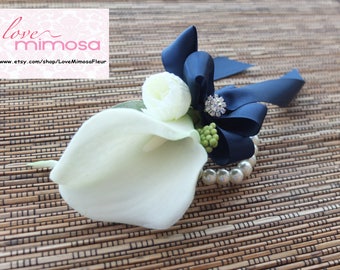 Wrist Corsage, Ivory Calla Lily with Navy Ribbon, Pearl Bracelet, bridesmaid gifts, Silk Flower Corsage, Wedding Favor, Boho Wedding