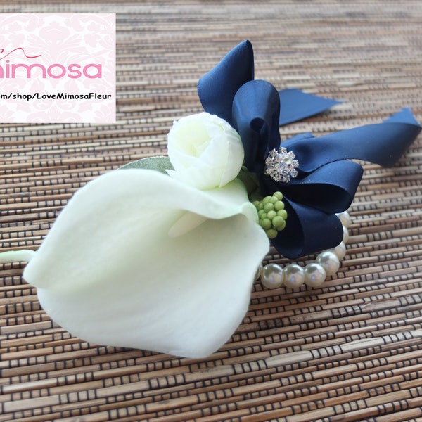 Wrist Corsage, Ivory Calla Lily with Navy Ribbon, Pearl Bracelet, bridesmaid gifts, Silk Flower Corsage, Wedding Favor, Boho Wedding