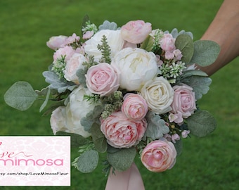 Bridal Bouquet, White and Blush Pink Bouquet, Silk Flower Bouquet, Bridesmaid Bouquet