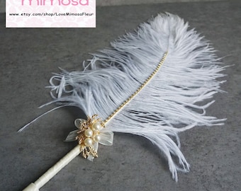 Large Feather Pen with Gold Pearl Brooch / Ivory Feather Pen/ Wedding Signing Pen / Guest Book Pen / Wedding Reception Accessories