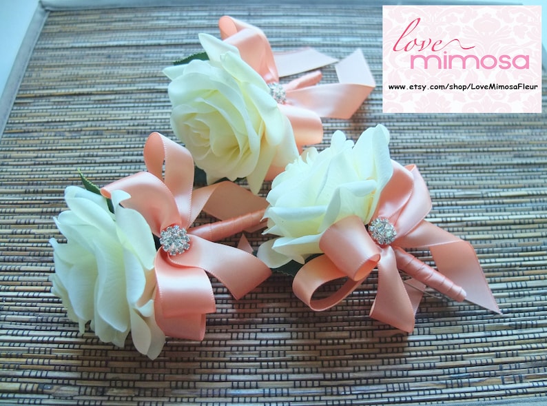 Boutonniere, Ivory Rose with Peach Ribbon, Groomsman Gifts, Silk Flower Corsage, Boho Wedding, Lapel Pin, Prom accessories, Bachelor Party 