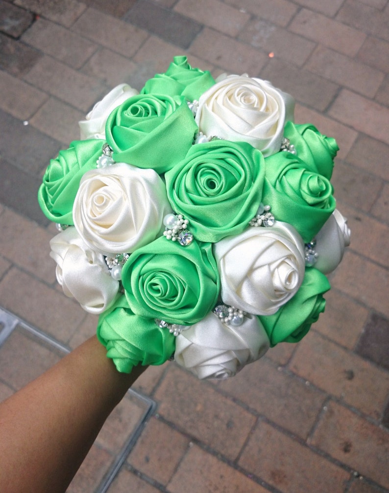 Satin Rose Bouquet Ribbon Rose Bouquet White & Green Fabric Etsy