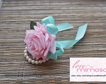 Wrist Corsage, Soft Pink Rose with Aqua ribbon, Pearl Bracelet, Bridesmaid corsage, Wedding Decor, Engagement Gifts, Prom Accessories