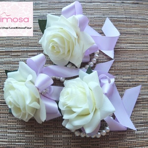 Wrist Corsage, Ivory rose with Lilac ribbon, Bridesmaid Corsage, pearl bracelet, Wedding Gifts, Flower Girl Corsage, Silk Flower Corsage