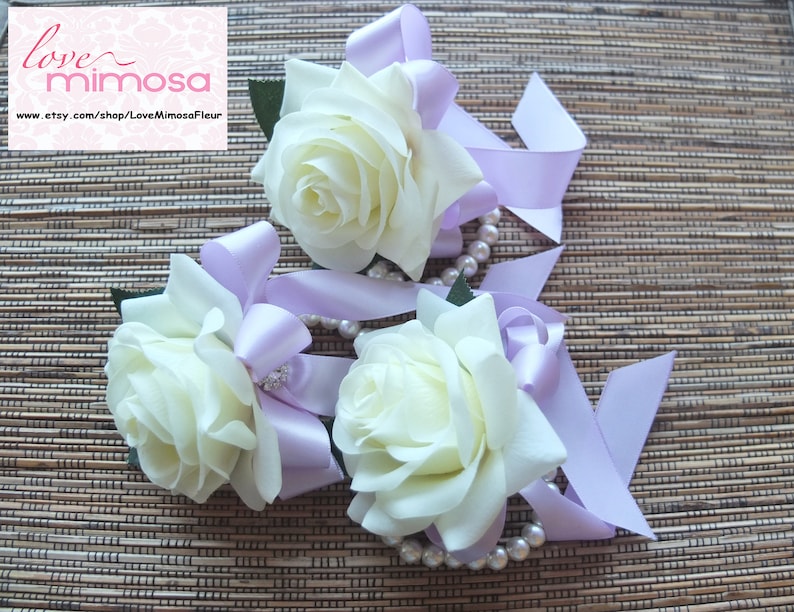 Wrist Cheap SALE Start Corsage Ivory rose Max 82% OFF with ribbon Bridesmaid Lilac