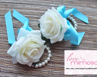 Wrist Corsage, Ivory Rose with Light Blue Ribbon, Pearl bracelet, Wedding Corsage, Boho Wedding, Flower Girl Corsage, Bridesmaid Gifts