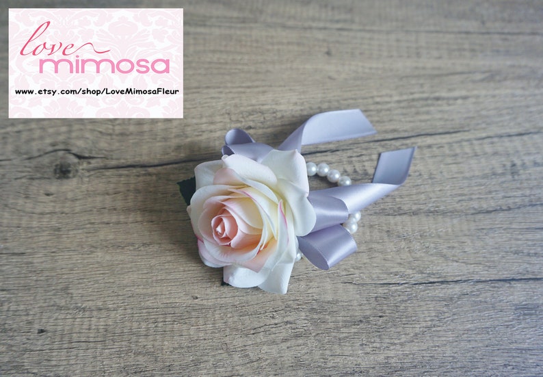 Wrist Corsage, Blush Pink Rose with silver ribbon, Bridesmaid Gifts, Wedding Flowers, Silk Flower Corsages, Prom Accessory, Corsage for mom image 5