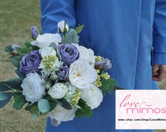 Bridal Bouquet, White Peonies and Mauve Blue Rose Bridal Bouquet, bohemian bouquets