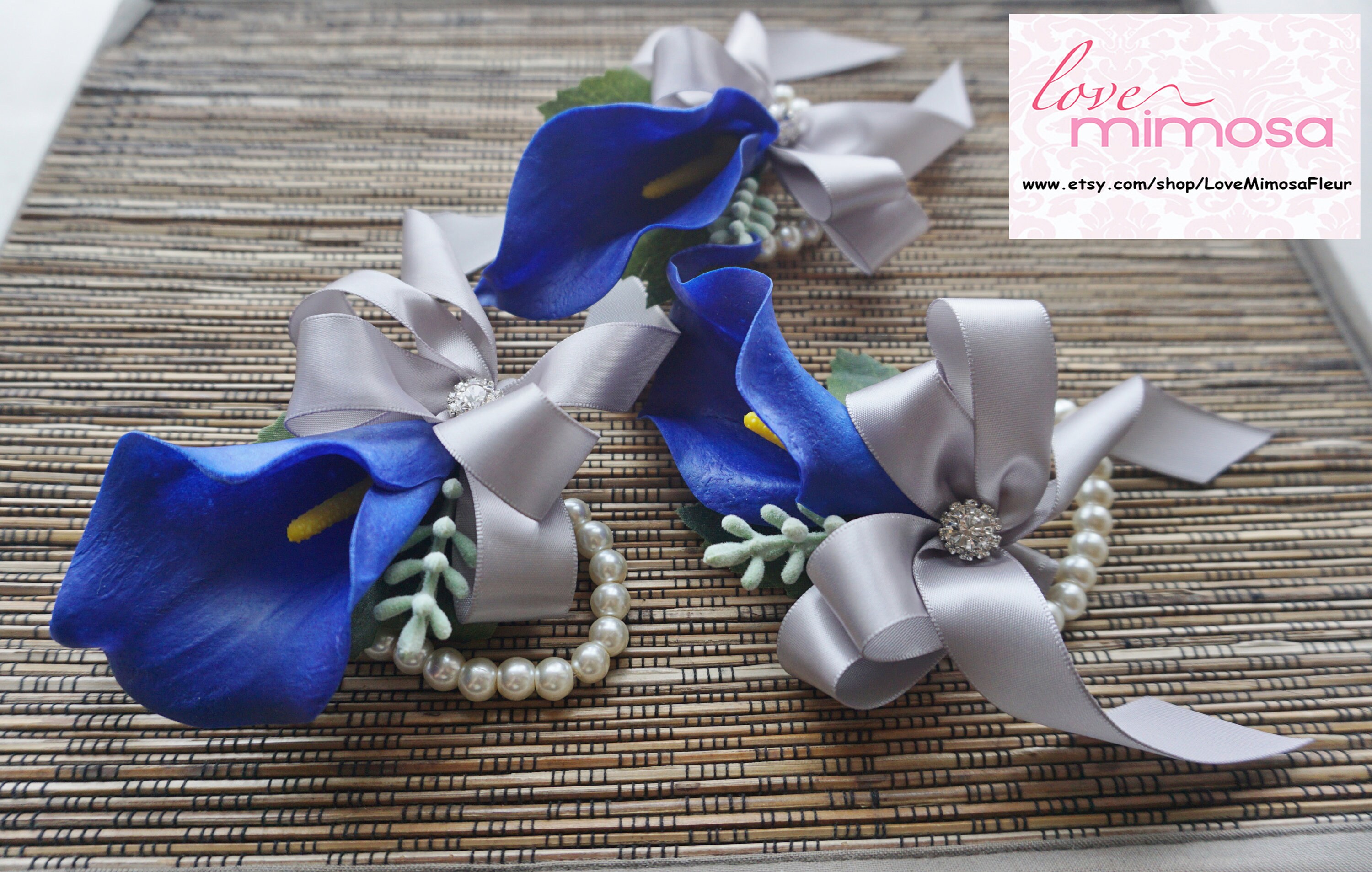 Wrist Corsage Royal Blue Calla Lily With Silver Grey Ribbons Etsy UK