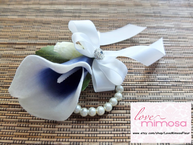 Royal Blue and White Calla Lily with White Ribbon Boutonniere Men/'s Boutonniere