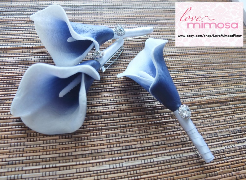 Royal Blue and White Calla Lily with White Ribbon Boutonniere Men/'s Boutonniere