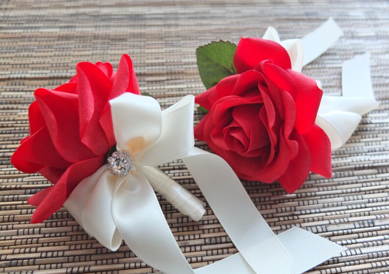 Men's Boutonniere, Red Rose with Ivory ribbon, Pin on Corsage, Silk Flower Corsage, Wedding Flowers, Prom accessories, Lapel Pin, Page Boy 