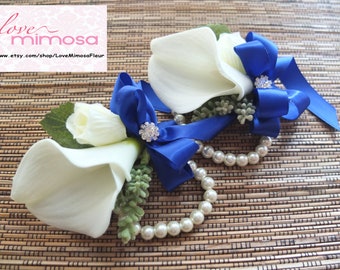 Wrist Corsage, Ivory Calla Lily with royal blue ribbon, Pearl Bracelet, Wedding Flowers, Silk Flower Corsage, Bridesmaid Gifts, Boho Wedding