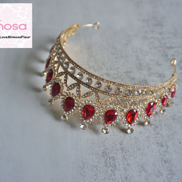 Red & Gold Bridal tiara, Baroque Wedding crown, Bridal crown, Gold tiara, Red Crystal tiara, Crowns and tiaras, Vintage Headpieces, C118R