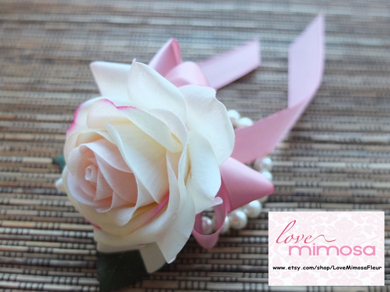 Wrist Corsage, Blush Pink Rose corsage, Silk Flower Corsage, Bridesmaid Gifts, Prom Accessories, Wedding Decor, Flower Girl Corsage image 4