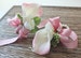 Wrist Corsages, Blush Pink Calla Lily Corsage, Blush Pink Calla Lily with pink ribbons on pearl bracelet 