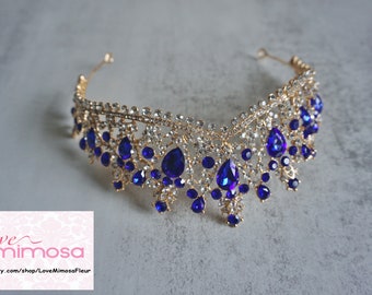 Blau & Gold Braut Tiara, Barocke Hochzeitskrone, Brautkrone, Gold Tiara, Blaue Kristall Tiara, Kronen und Diademe, Vintage Kopfschmuck, C119