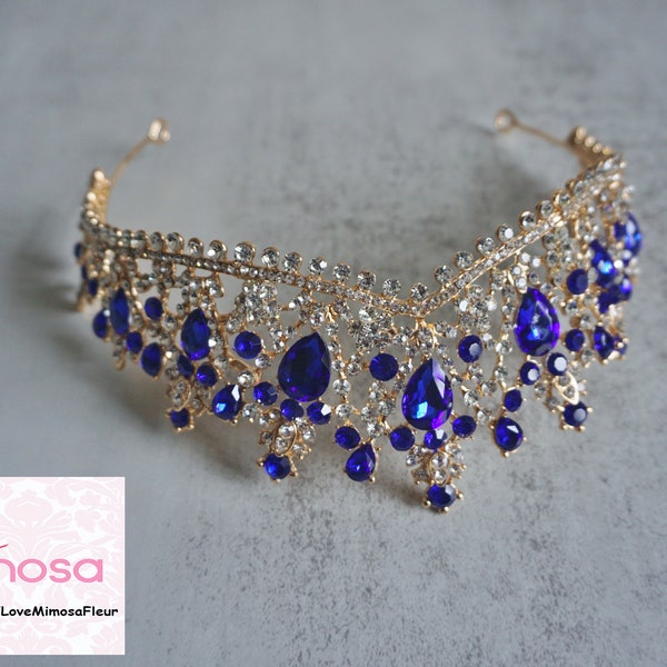 Blue & Gold Bridal tiara, Baroque Wedding crown, Bridal crown, Gold tiara, Blue Crystal tiara, Crowns and tiaras, Vintage Headpieces, C119