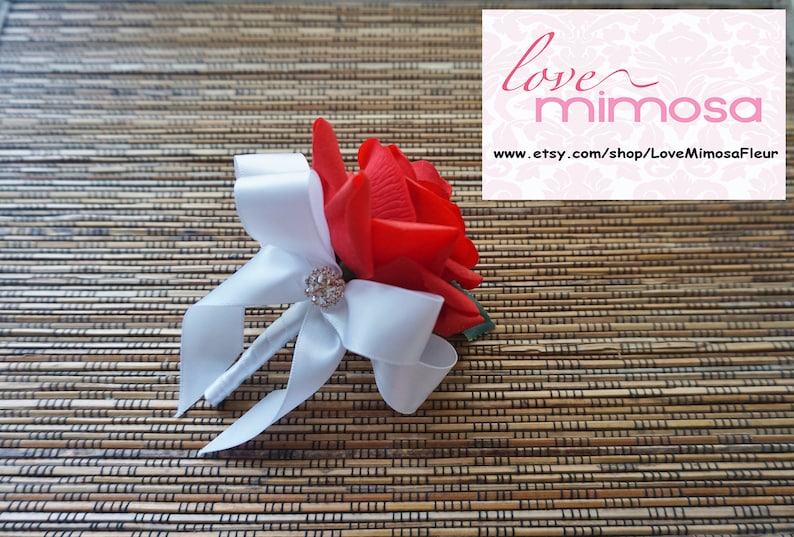 Wrist Corsage Christmas Corsage Red Rose with White ribbon on pearl bracelet