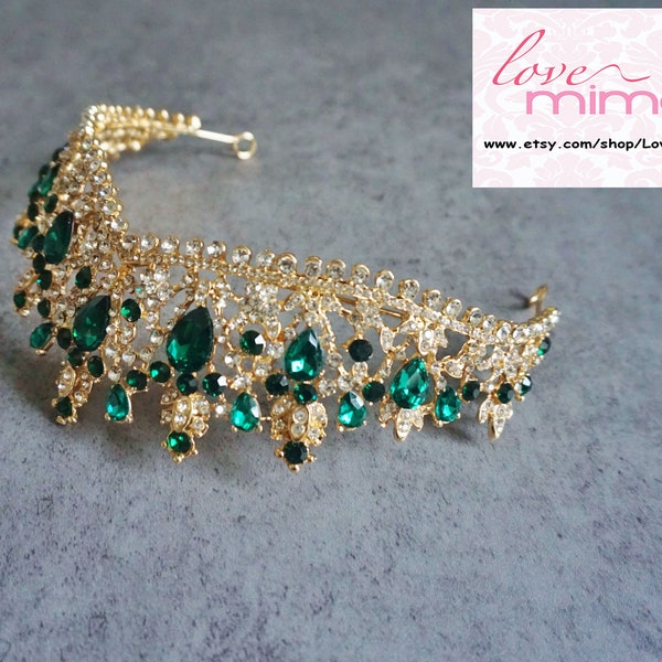 Emerald Bridal tiara, Emerald Wedding crown, Bridal crown, Gold tiara, Crystal tiara, Crowns and tiaras, Vintage Headpieces, C124