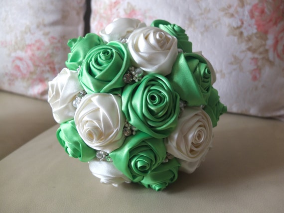 Satin Rose Bouquet Ribbon Rose Bouquet White & Green Fabric - Etsy