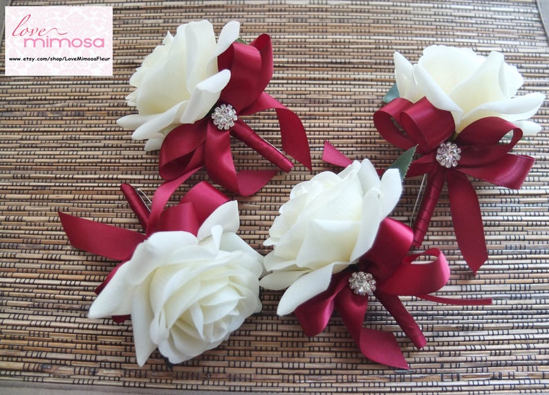 Men's Boutonniere, Ivory Rose with Burgundy ribbon, silk flower corsage, wedding flowers, lapel,  boho wedding, bachelor party, accessories 