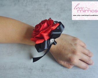 Wrist Corsage, Red Rose with Black Satin Ribbon, pearl bracelet, Wedding Flower, Bridal Corsage, Bridesmaid Gifts, Boho Wedding, Flower Girl