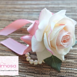 Wrist Corsage, Blush Pink Rose corsage, Silk Flower Corsage, Bridesmaid Gifts, Prom Accessories, Wedding Decor, Flower Girl Corsage image 1