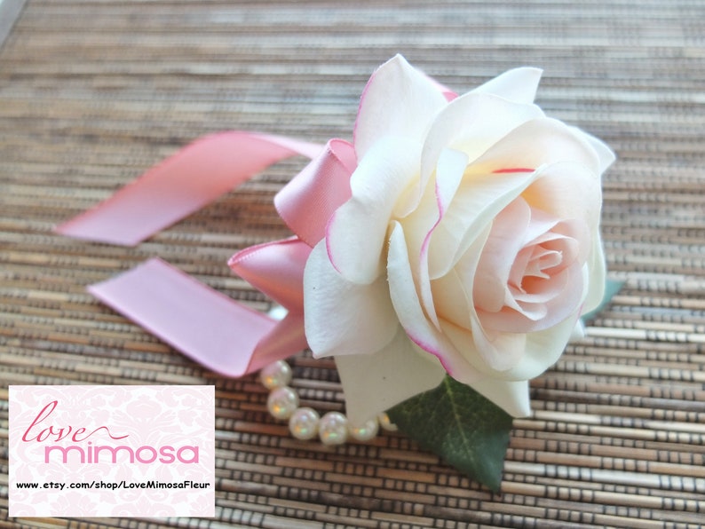 Wrist Corsage, Blush Pink Rose corsage, Silk Flower Corsage, Bridesmaid Gifts, Prom Accessories, Wedding Decor, Flower Girl Corsage image 1