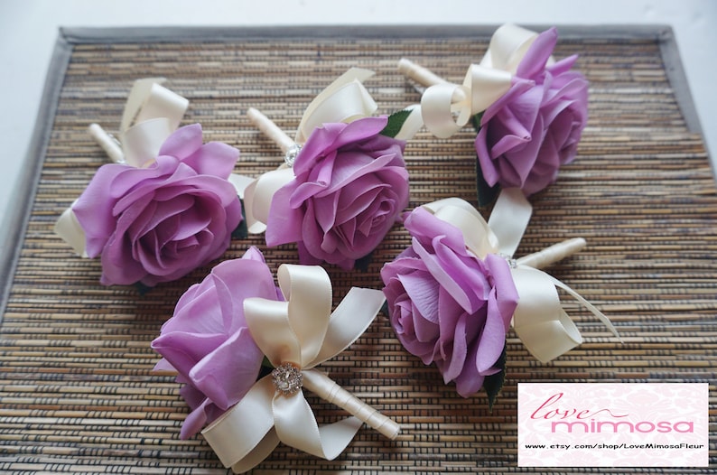 Mauve Purple Rose with Ivory ribbon Men/'s Boutonniere Bacelor Party Fathers Wedding Flowers Groomsman Gifts Silk Flower Boutonniere