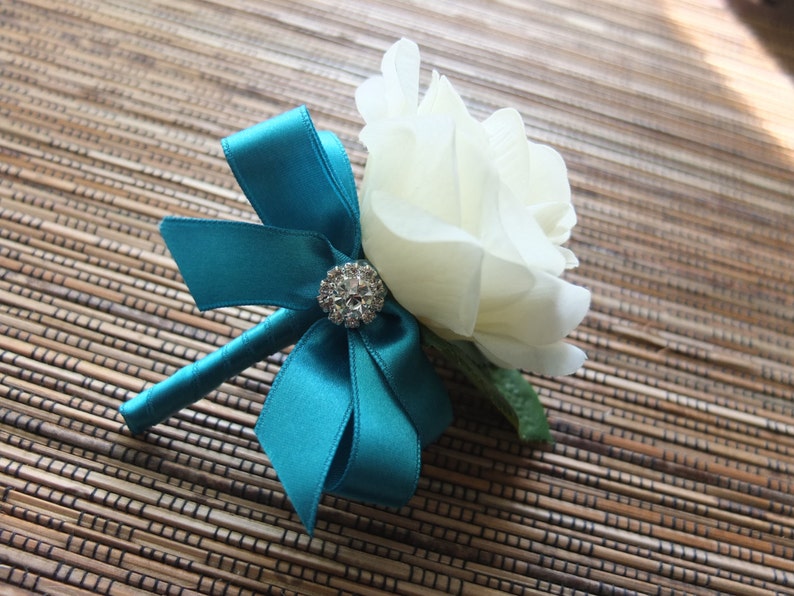 Men's Boutonniere, Ivory Rose with Teal Ribbon, Groomsman Gifts, Wedding Accessories, Boho Wedding, Silk Flower Corsage, Engagement Gift 