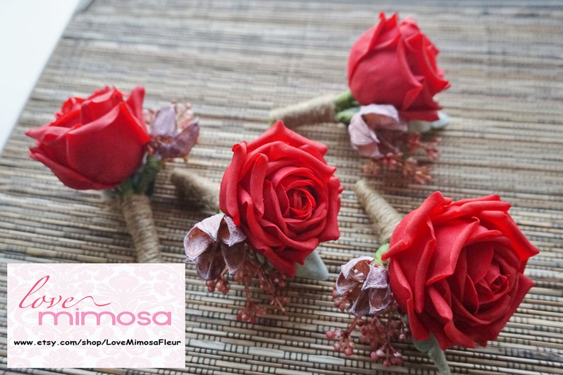 Men/'s Boutonniere Red Rose Rustic Boutonniere